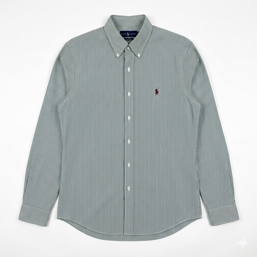 Ralph Lauren Men’s Large Slim Fit Green Striped Dress Shirt Maroon Pony